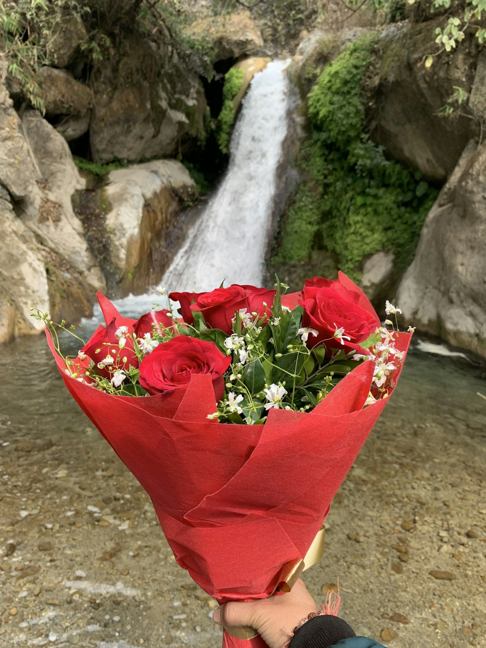 a person holding a bouquet of flowers in front of a waterfall