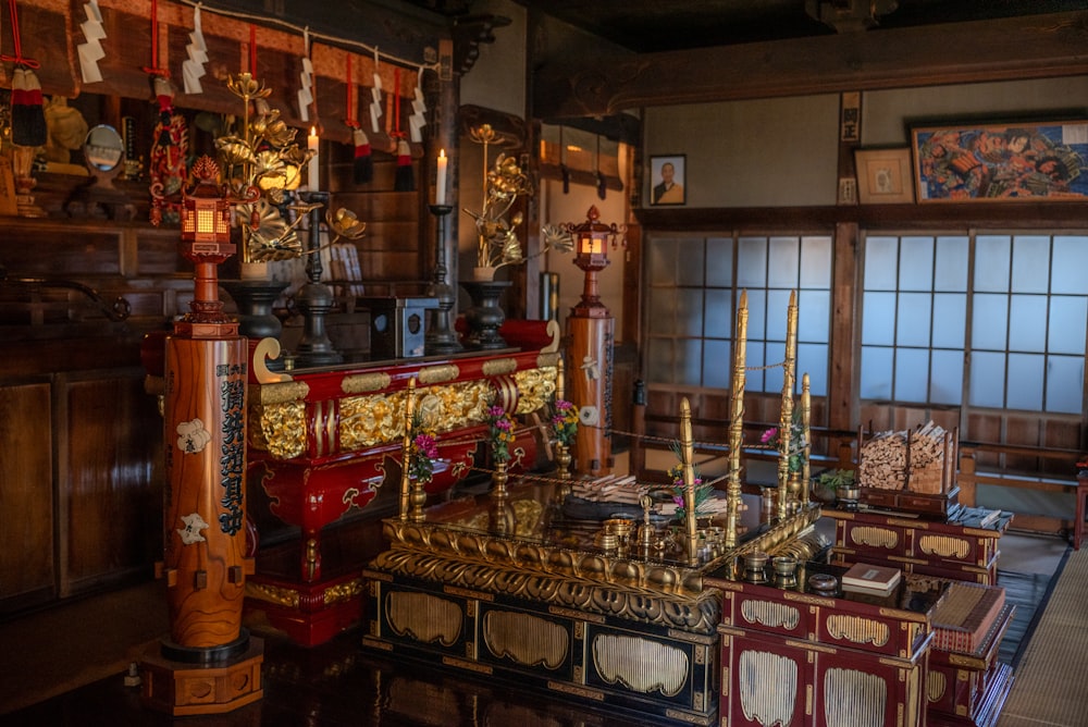 a room filled with lots of wooden furniture