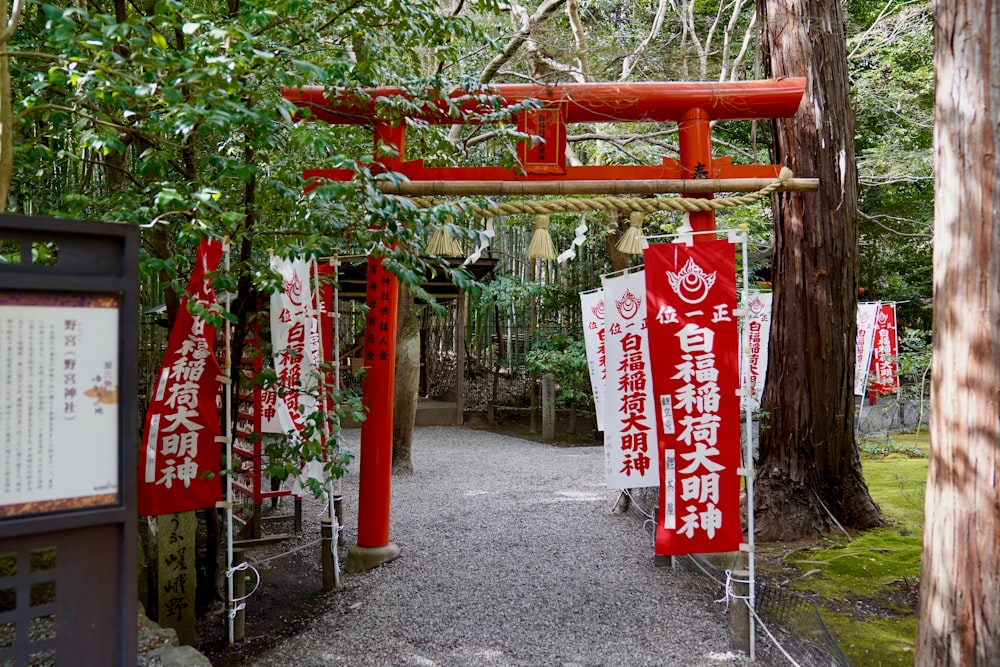 a path in a park lined with red banners