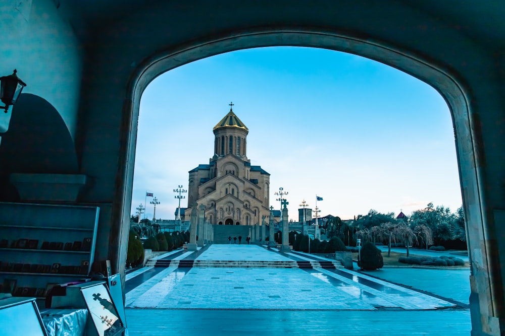 a view of a church through a window