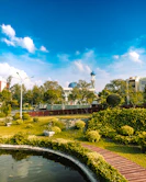 a pond in a park with a clock tower in the background