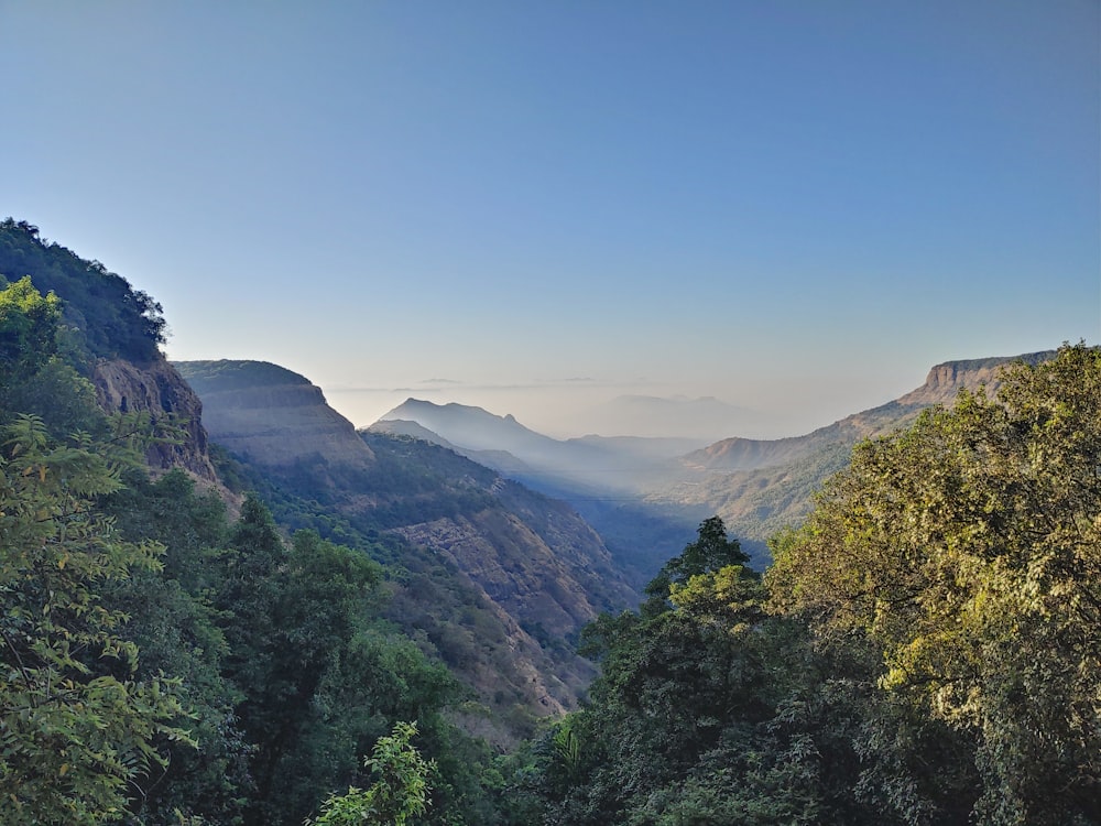 a view of a valley with mountains in the background