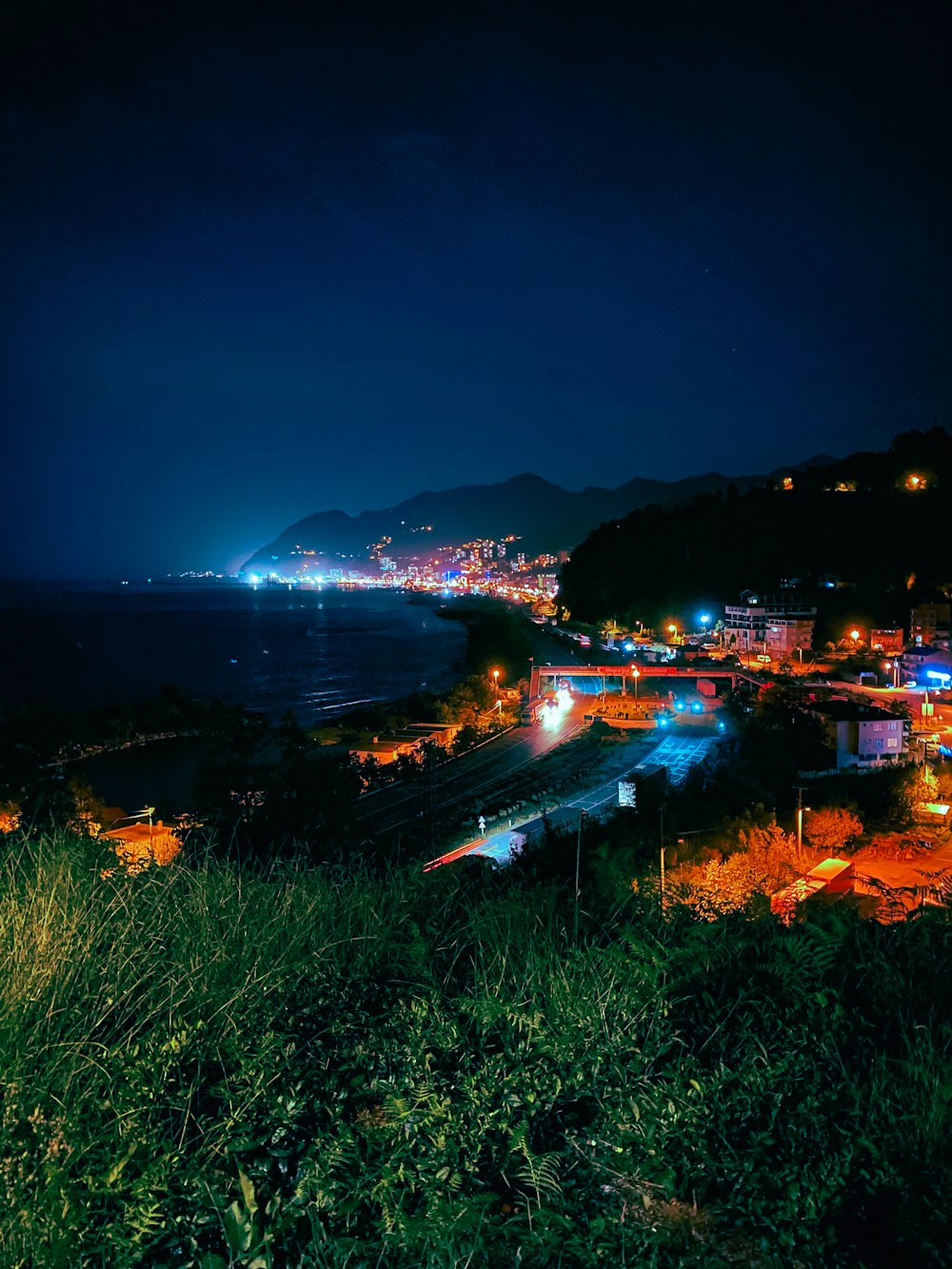 a night time view of a city by the ocean