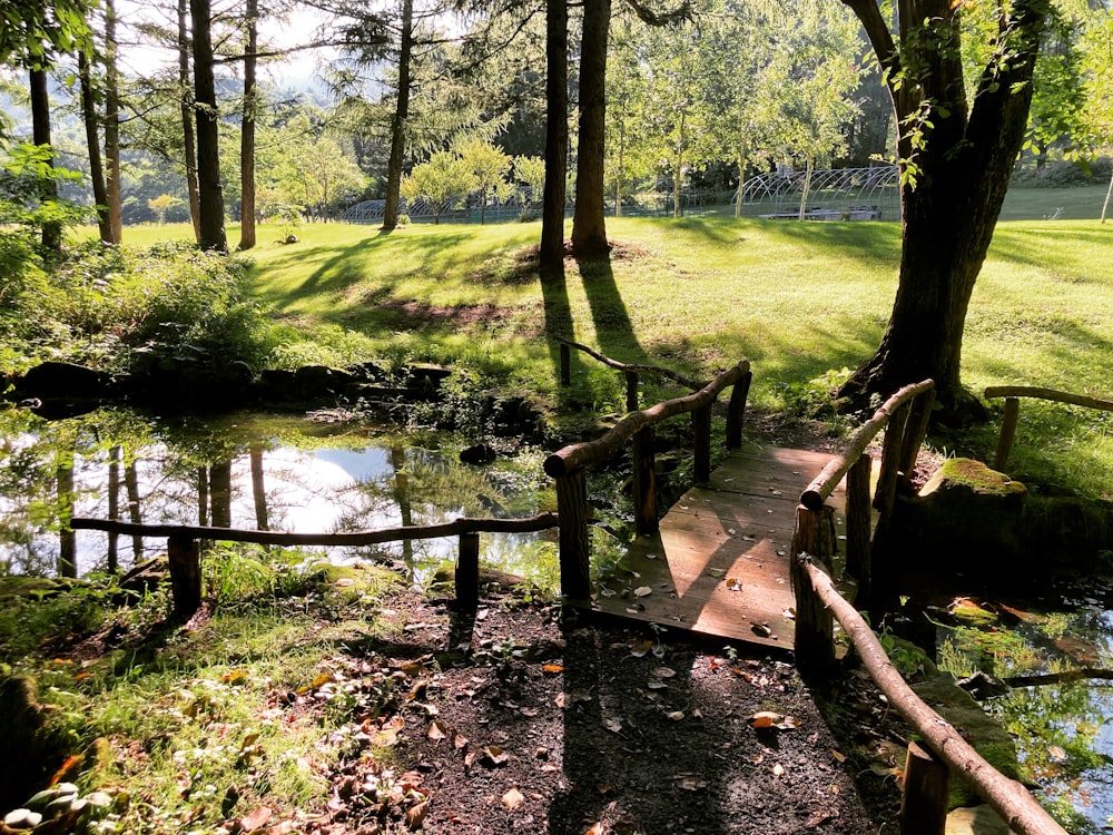 a wooden bridge over a small pond in a park