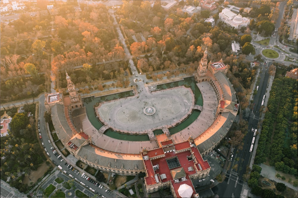 an aerial view of a large circular building