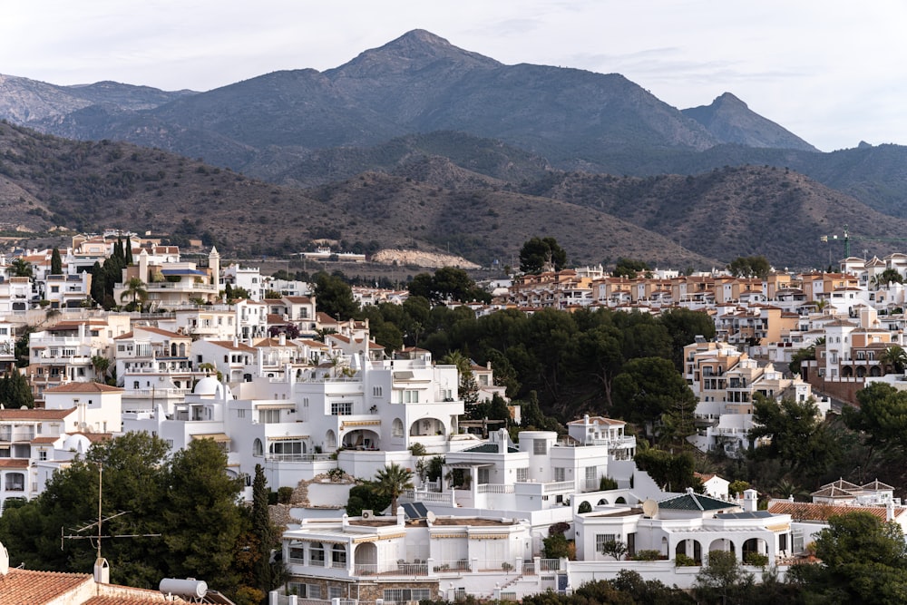 a view of a city with mountains in the background