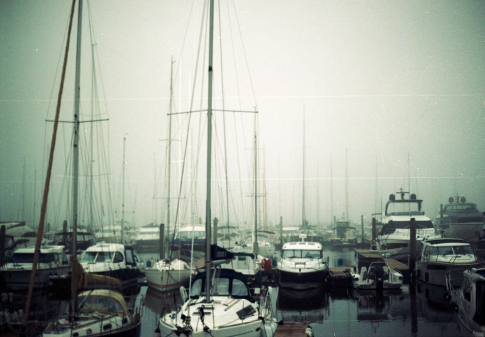 a harbor filled with lots of boats on a foggy day