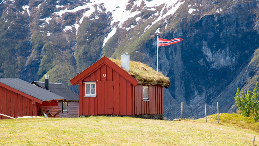a red house with a grass roof and a flag on top of it