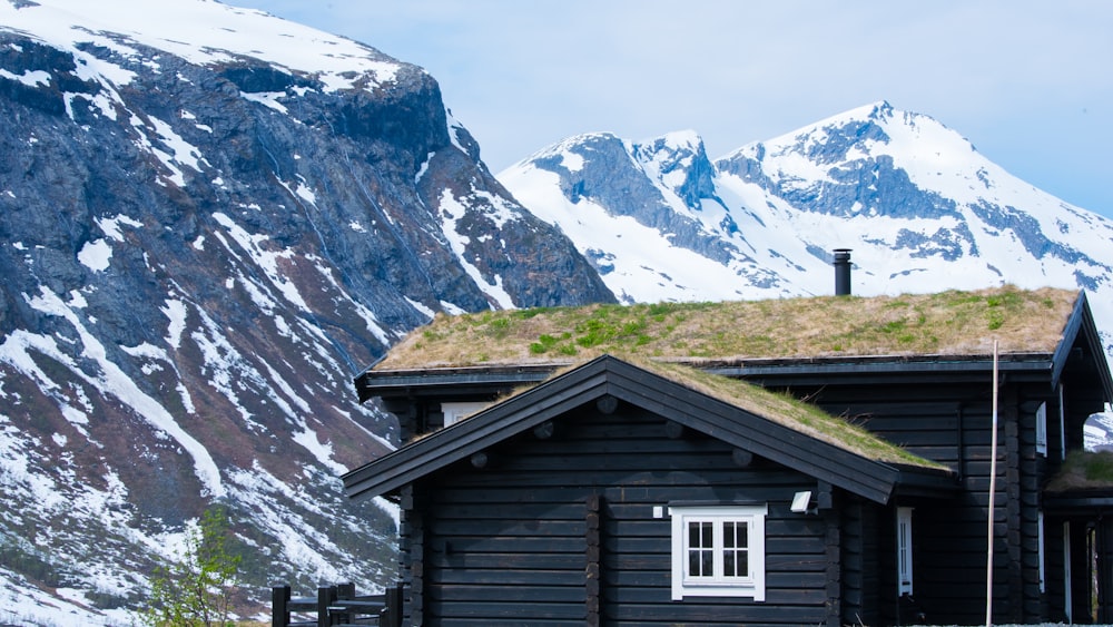 a black cabin with a green roof and a mountain in the background