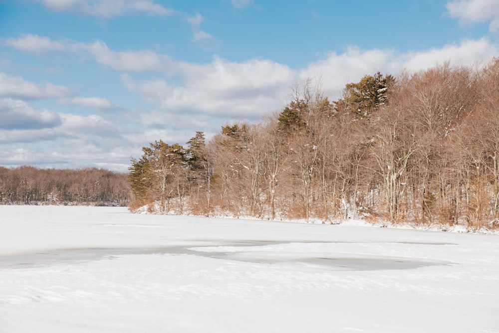 a man riding skis across a snow covered field