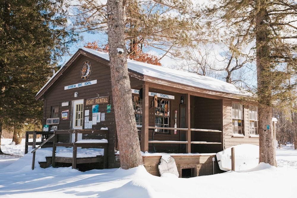 a small cabin in the middle of a snowy forest