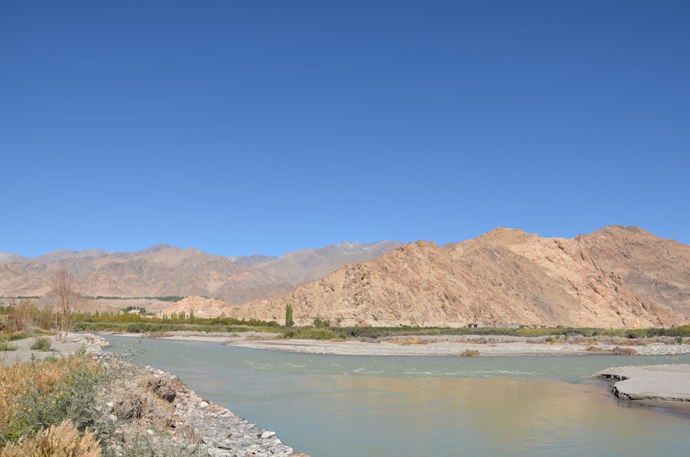 un río que corre a través de un paisaje desértico con montañas al fondo