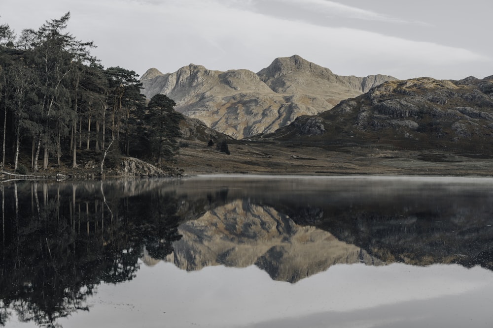 a lake surrounded by mountains and trees