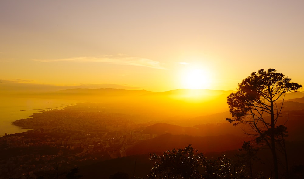 the sun is setting over a mountain with a tree