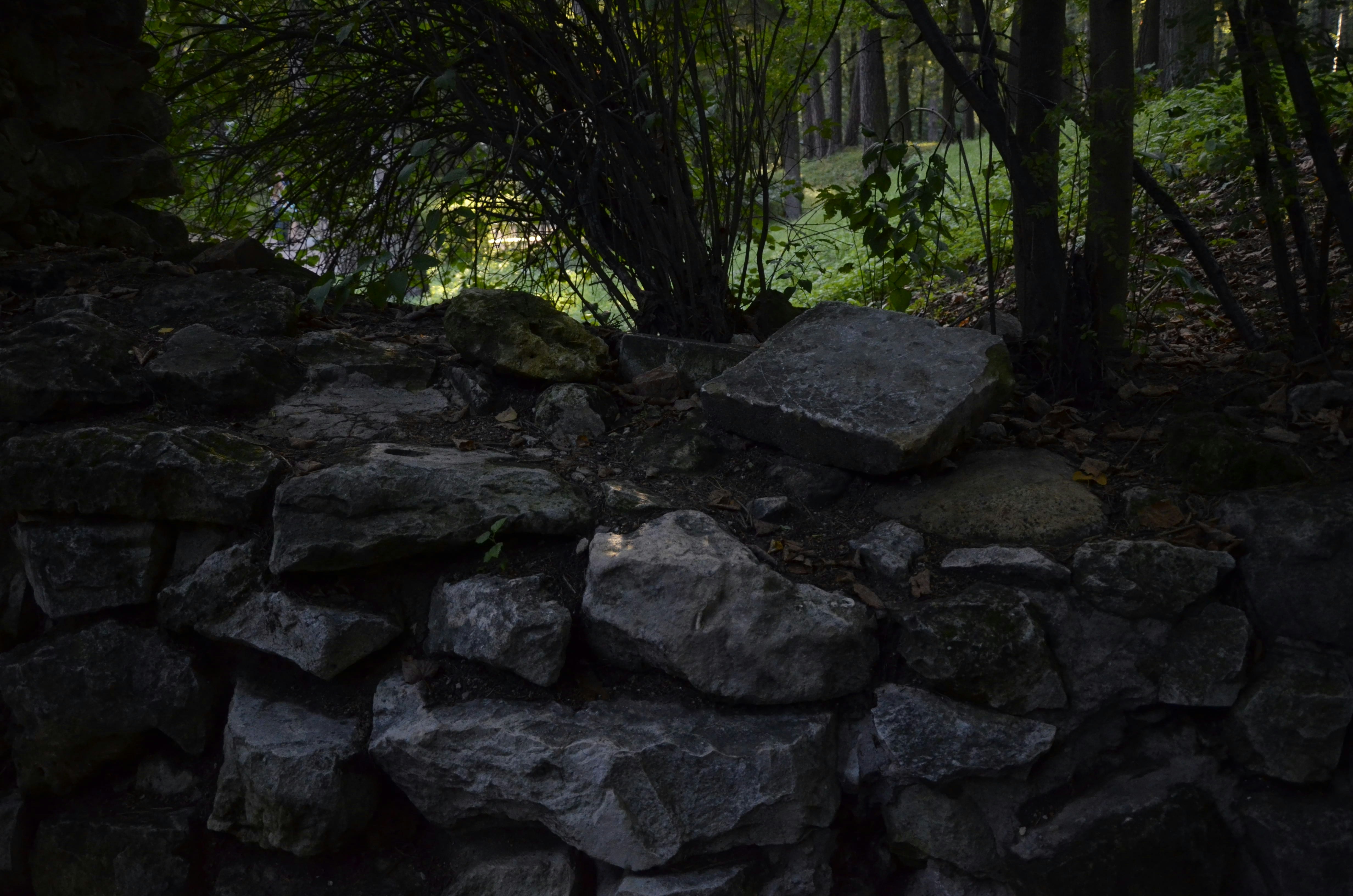 a stone wall with trees in the background