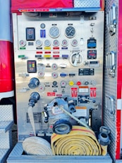 a fire truck with a bunch of hoses in the back of it