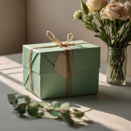 a green box with a tag tied to it sitting on a table next to a