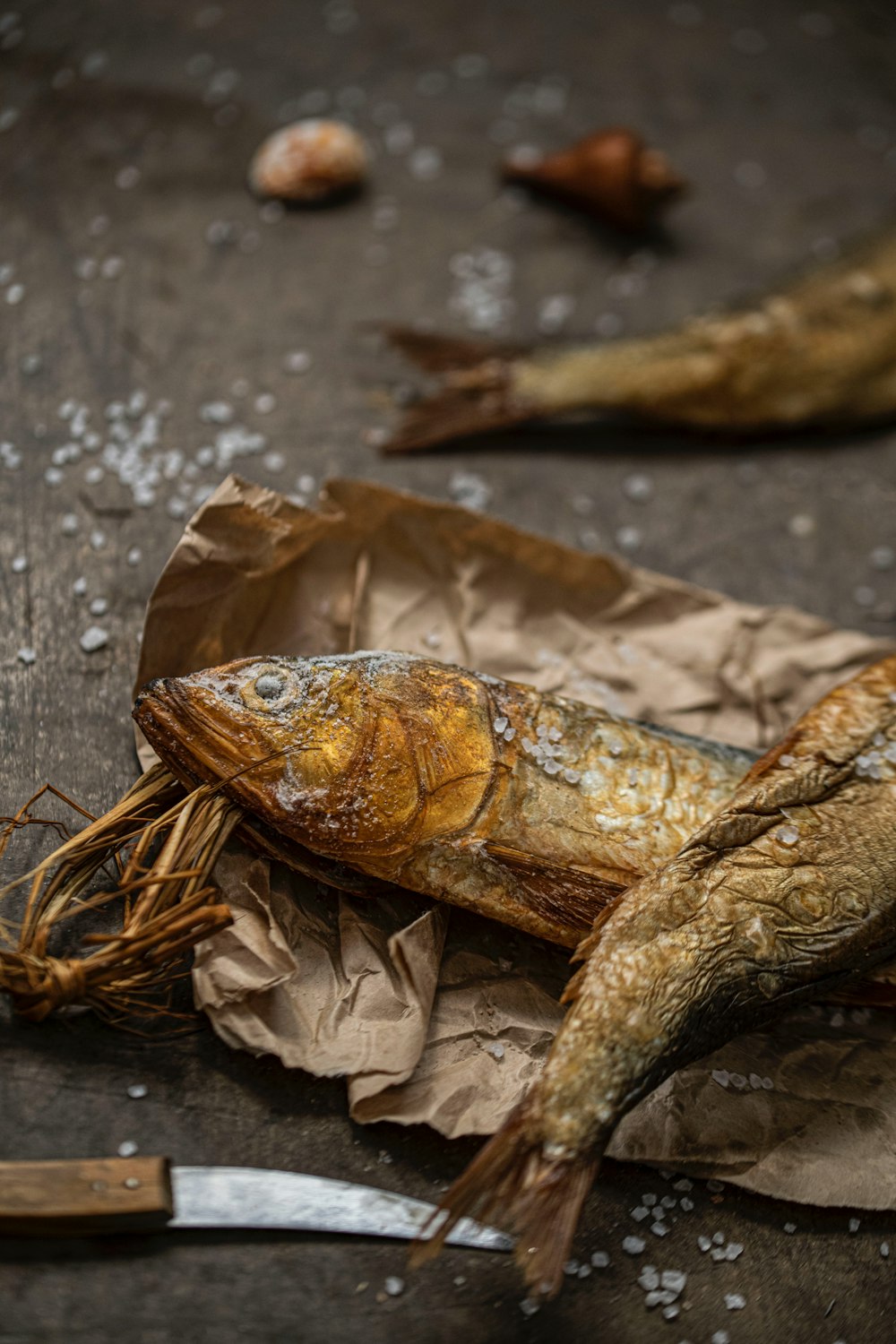 a piece of fish sitting on top of a piece of paper