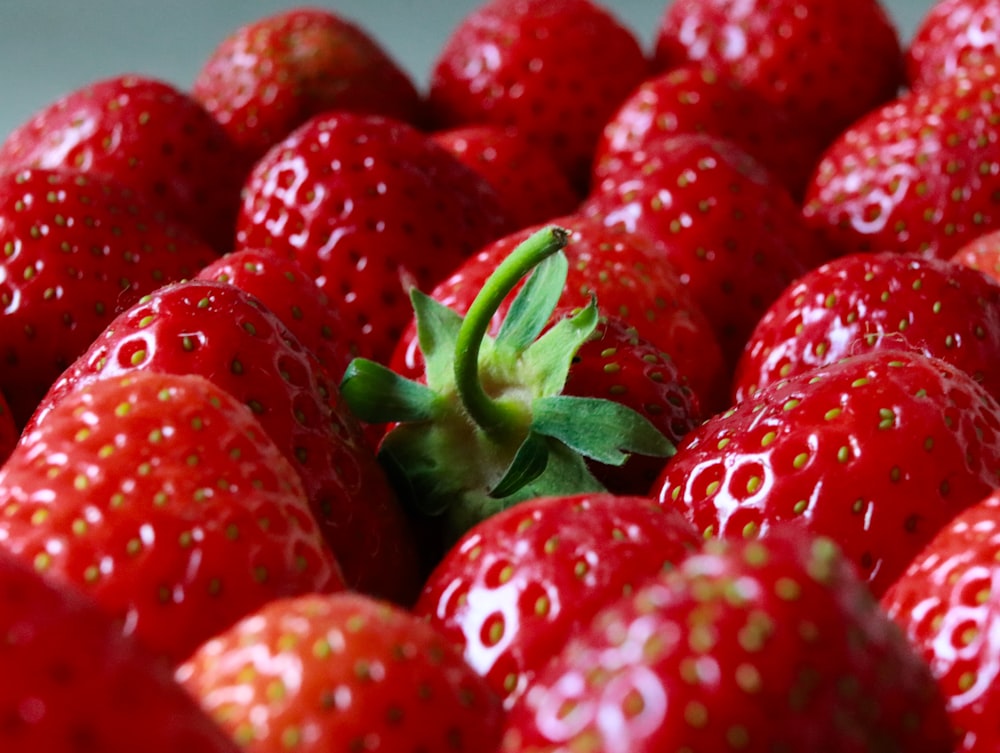 a close up of a bunch of strawberries