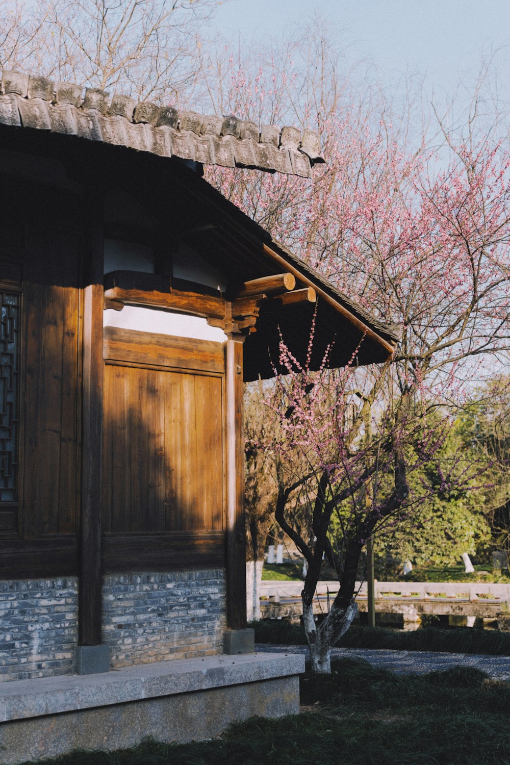 a small building with a tree in front of it