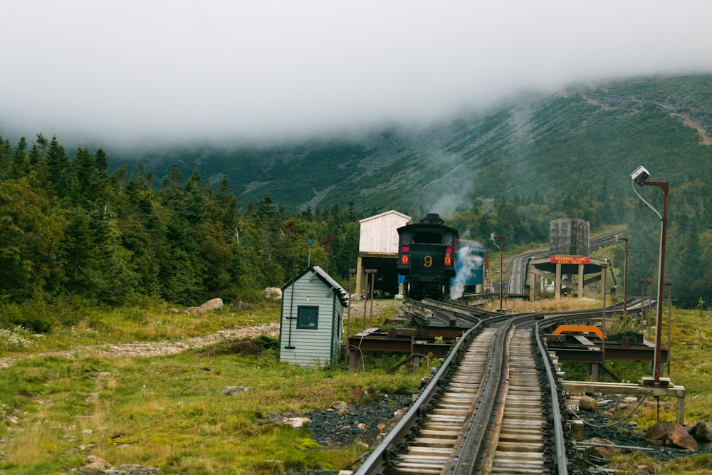 a train traveling through a lush green countryside