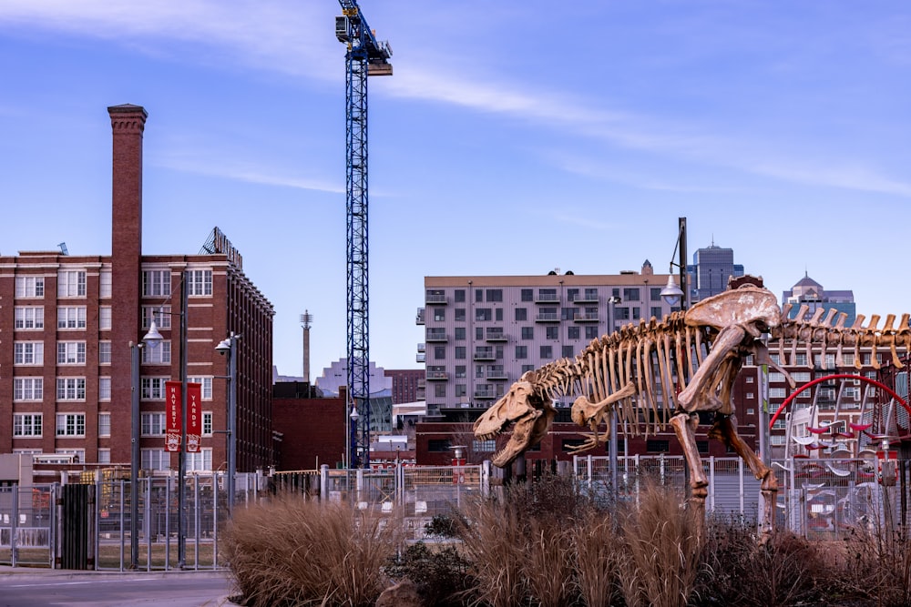 Un gran esqueleto de dinosaurio frente a un edificio alto