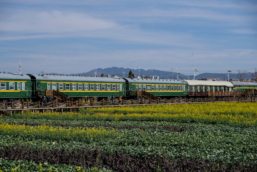 a green and white train traveling down train tracks