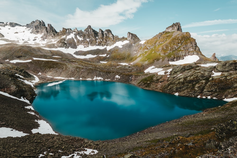 a blue lake surrounded by snow covered mountains