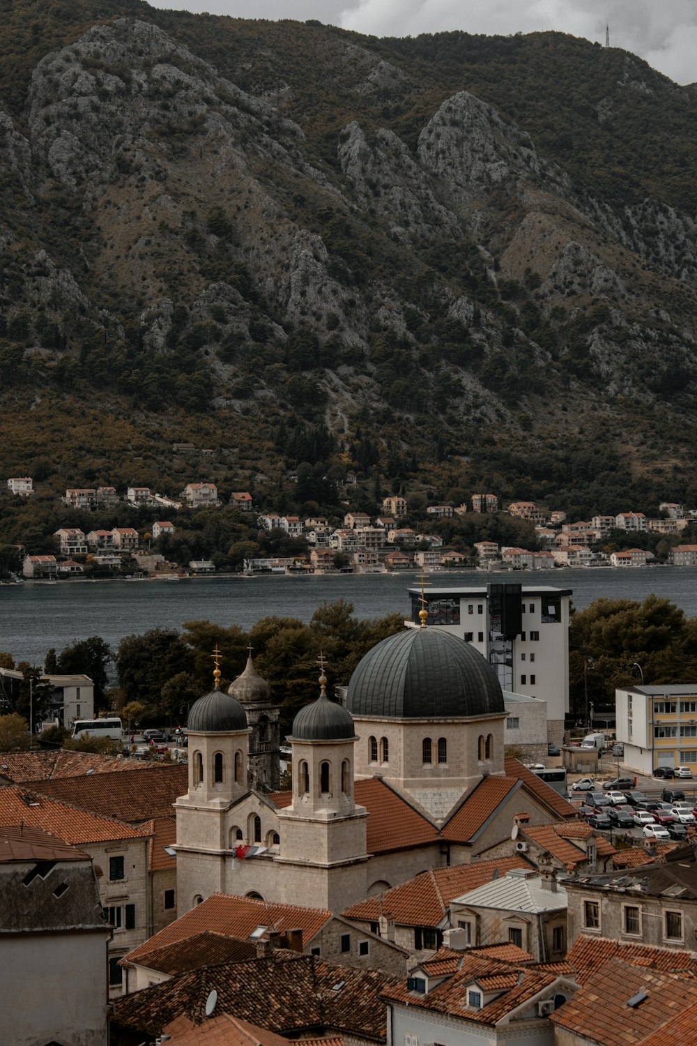 a view of a city with a mountain in the background