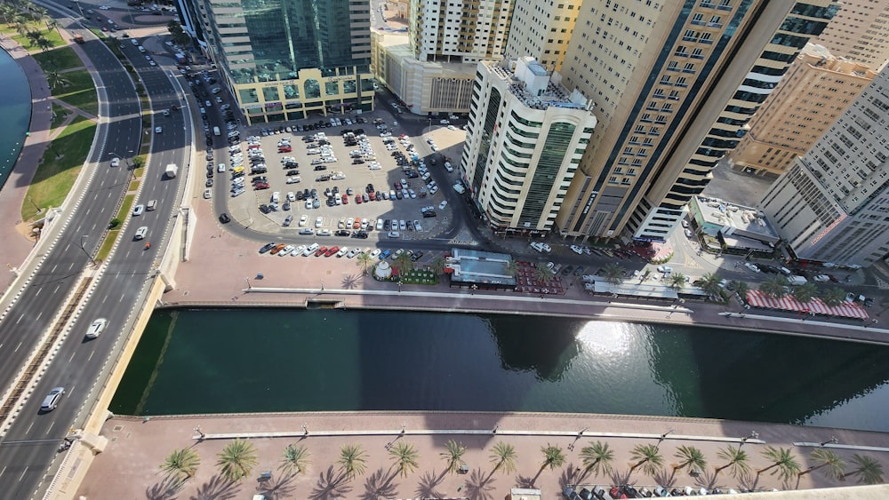 an aerial view of a city with a river running through it