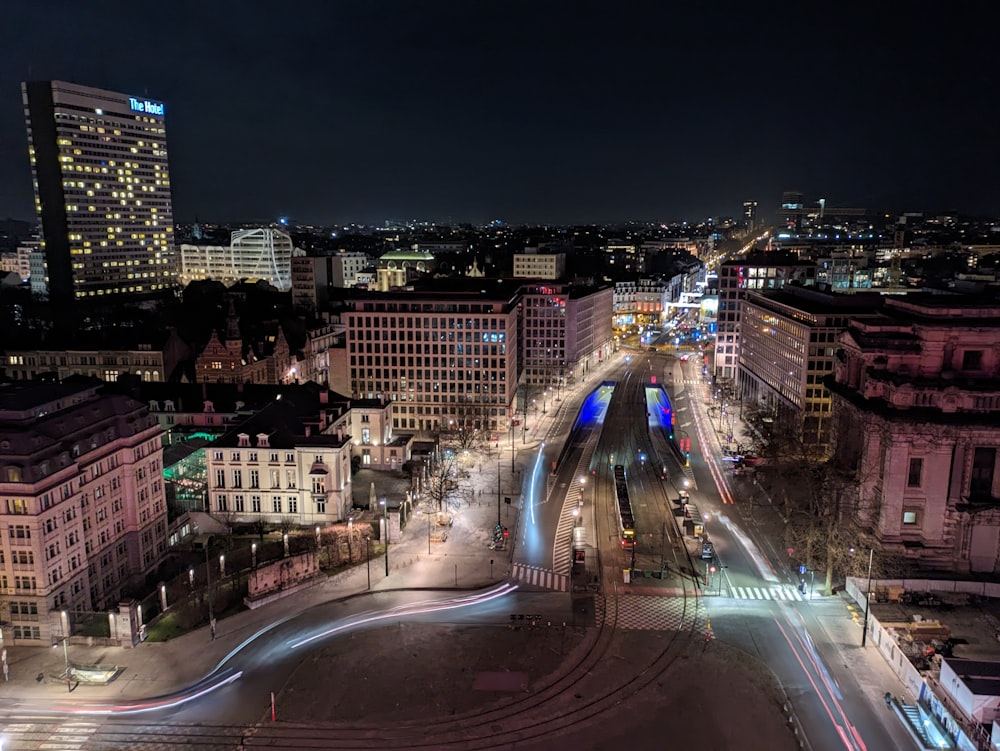 a view of a city at night from above