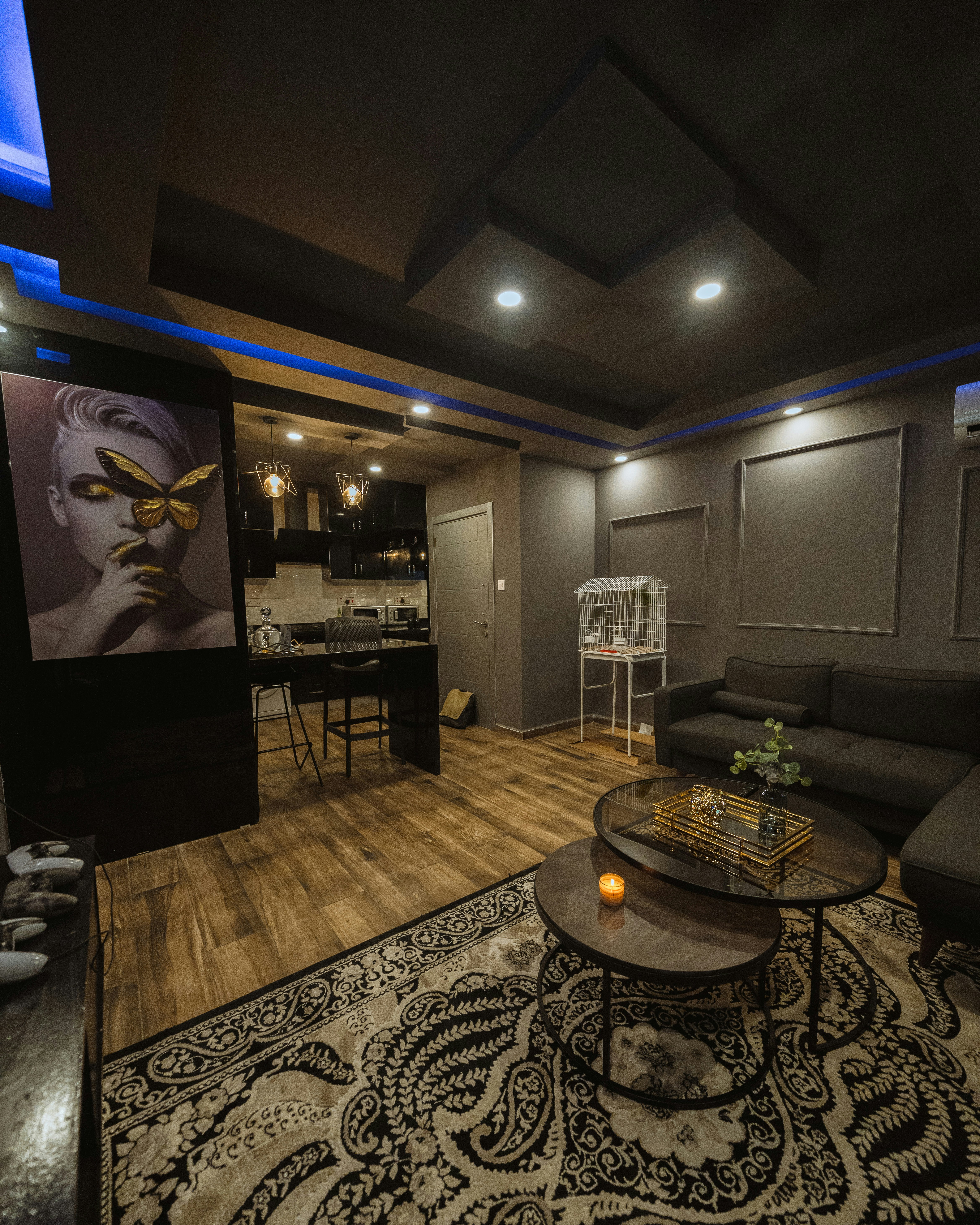 a living room with a couch and a table