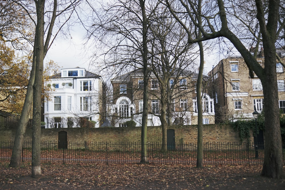 a large white building behind a fence in a park