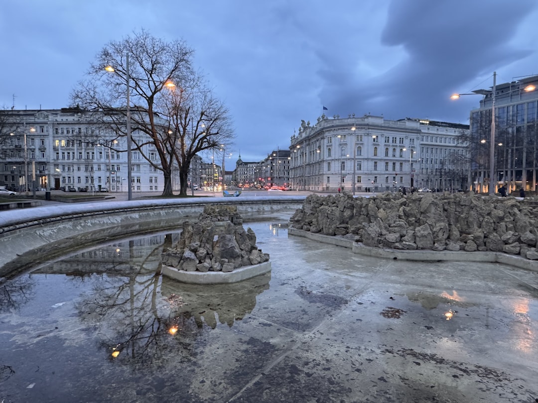 a fountain in the middle of a city at night,