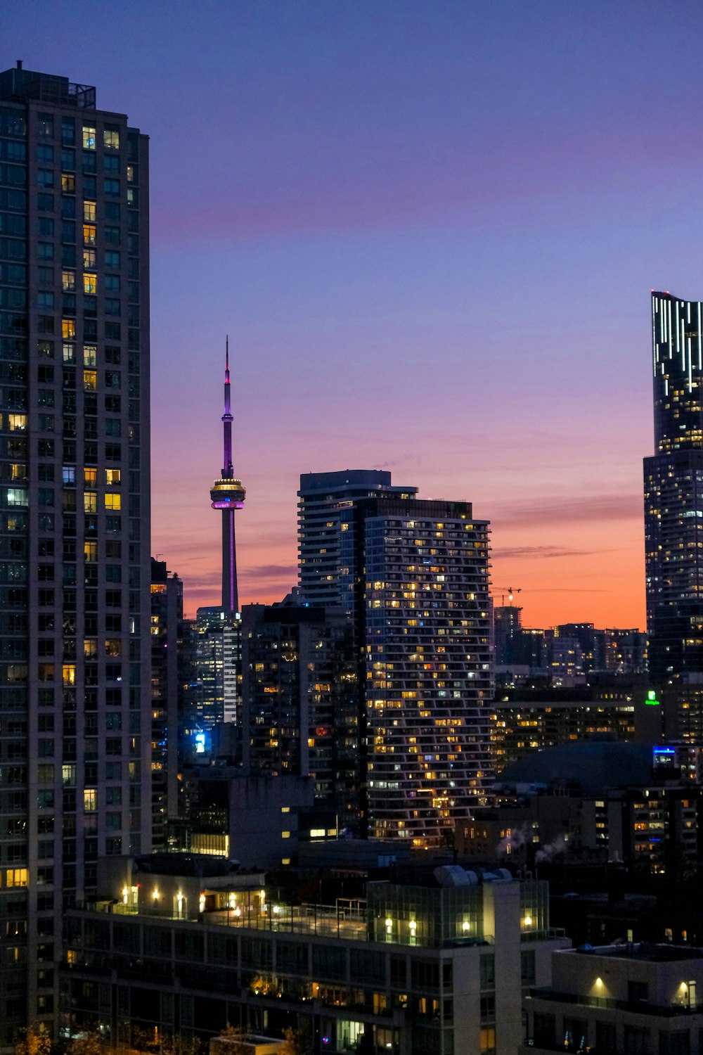 a view of a city skyline at night