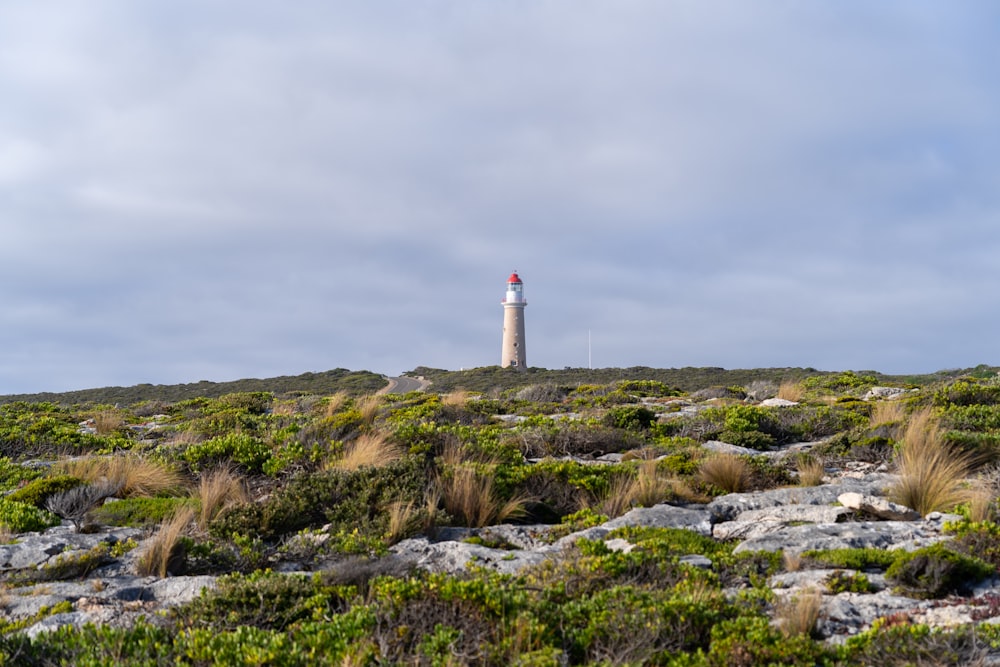 a lighthouse on top of a rocky hill