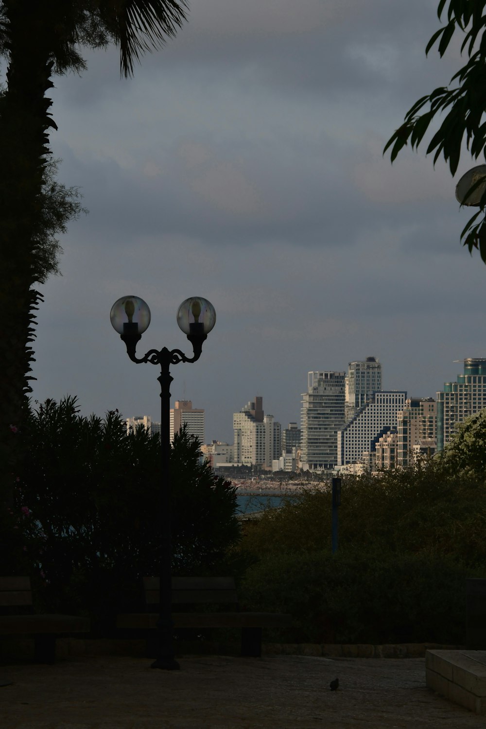 a street light with a city in the background