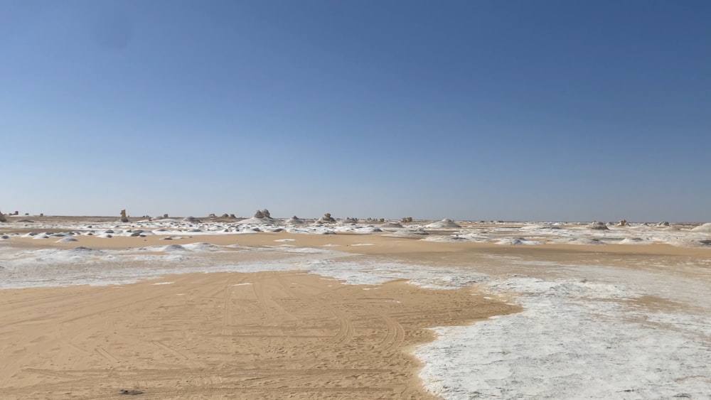 a sandy beach covered in snow under a blue sky