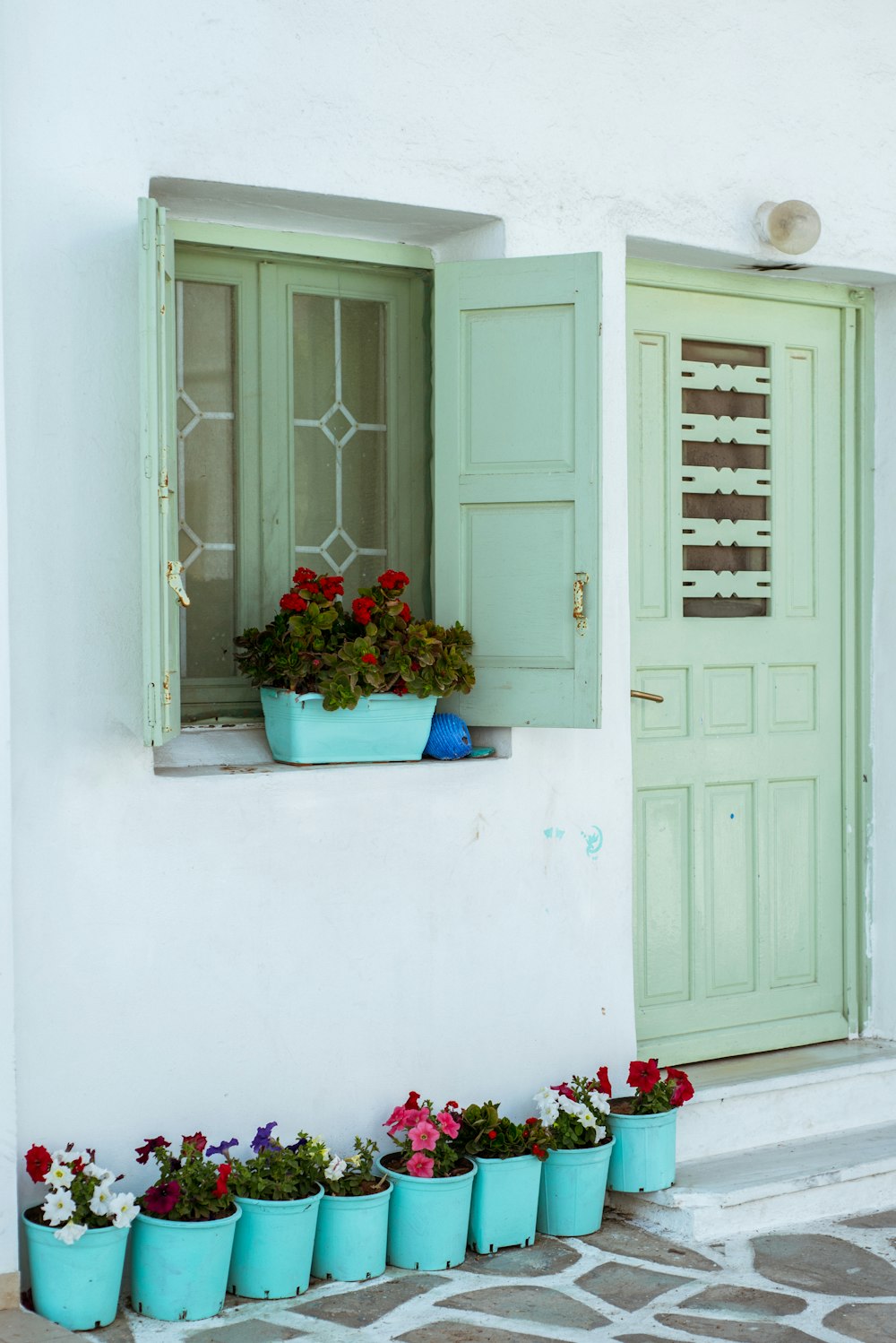 a bunch of flowers that are sitting in front of a door