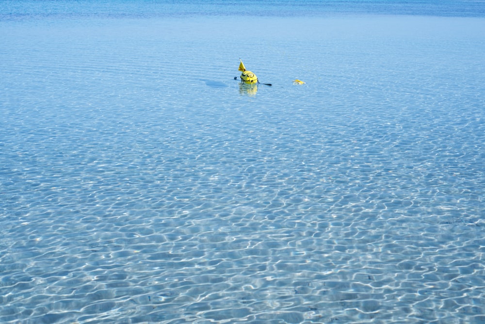 a yellow fire hydrant sitting in the middle of a lake