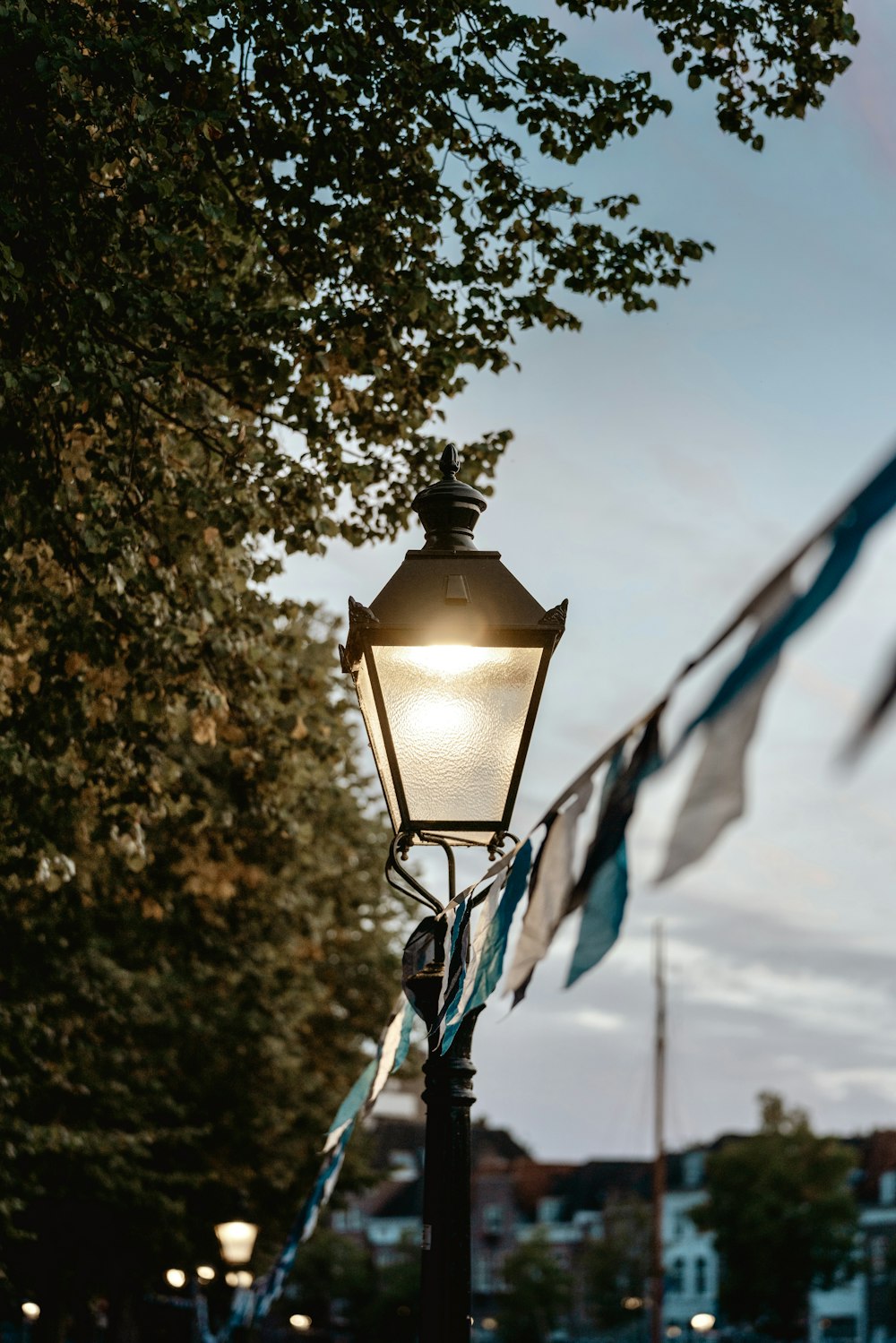 a lamp post with a flag hanging off of it's side