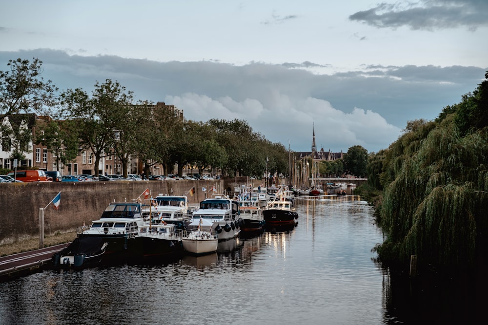 a group of boats that are sitting in the water