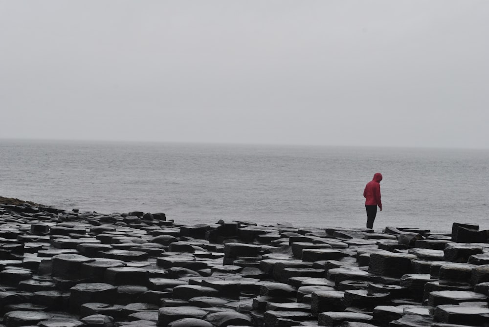 a person standing on a rocky beach near the ocean