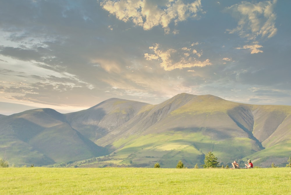 a group of people riding horses across a lush green field