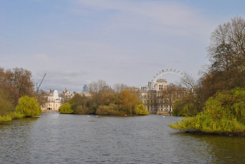 a body of water surrounded by trees and a ferris wheel