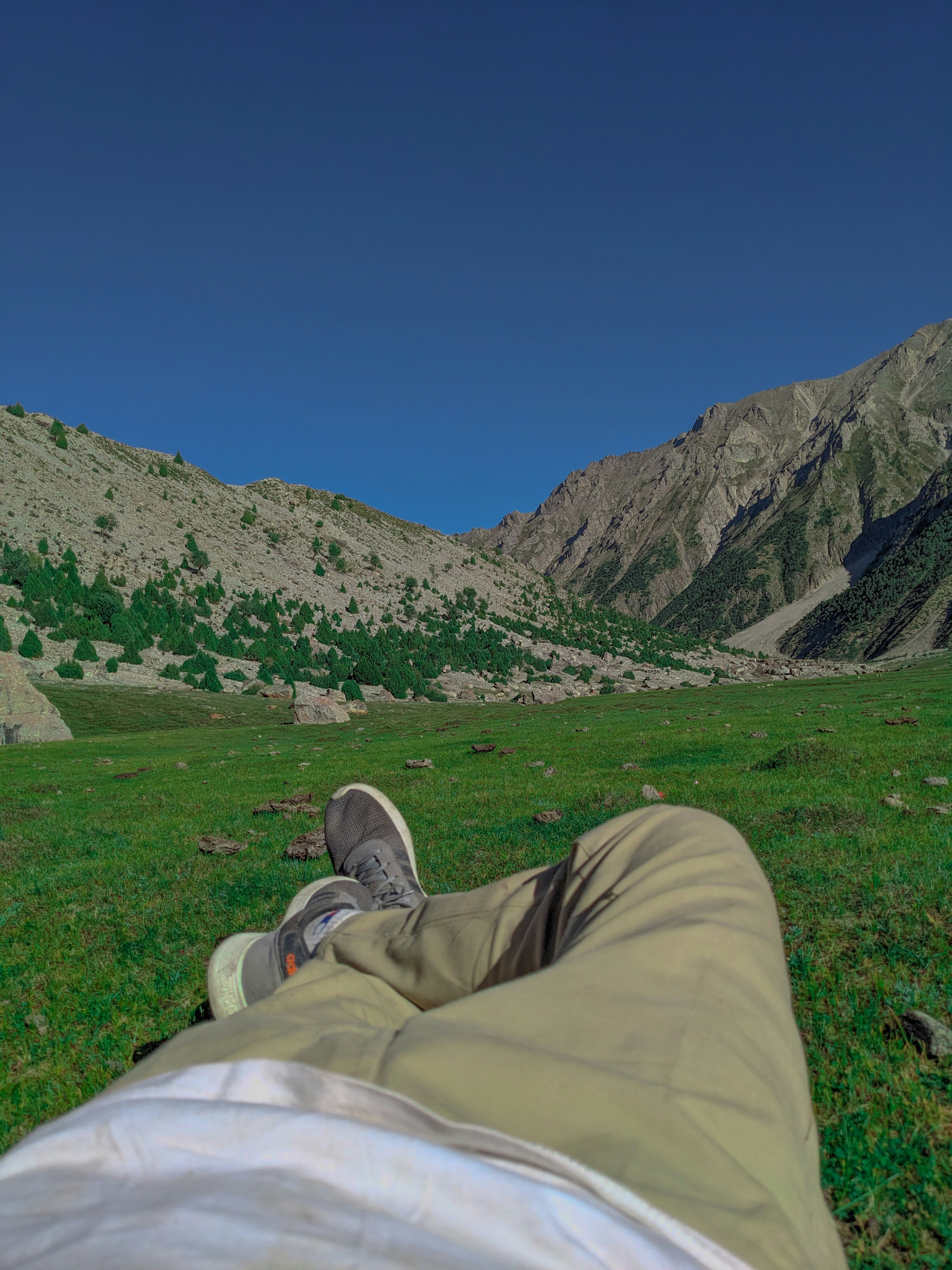 una persona sdraiata in un campo con montagne sullo sfondo