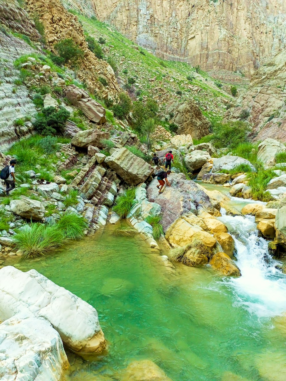 a group of people standing on top of a mountain next to a river