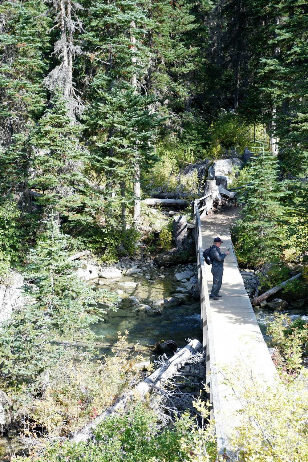 a man walking across a bridge over a river