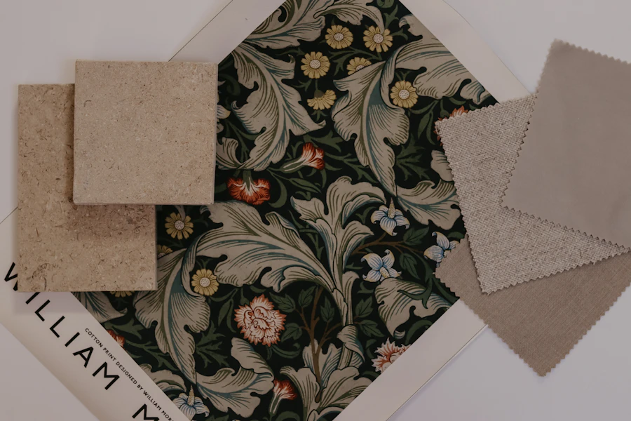 Wallpaper and material samples on a table