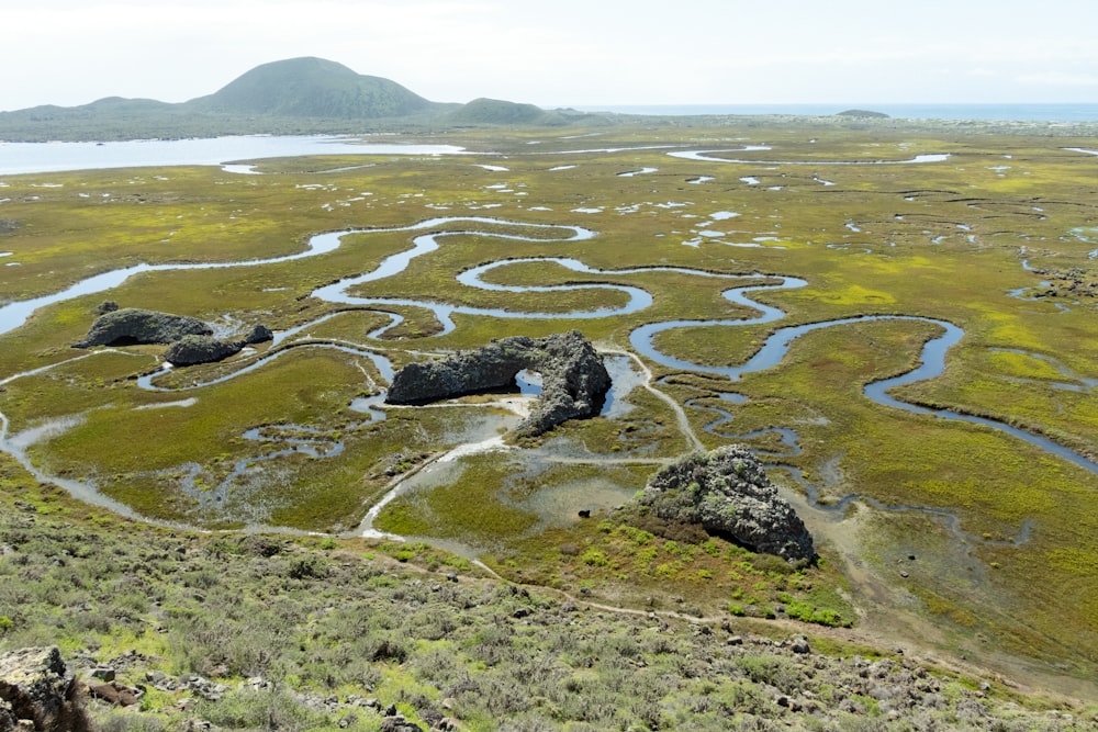 an aerial view of a grassy area with a river running through it